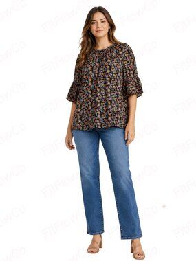 LOFT Black Floral Metallic Thread Back Tie Blouse Women XL Boho Flowy